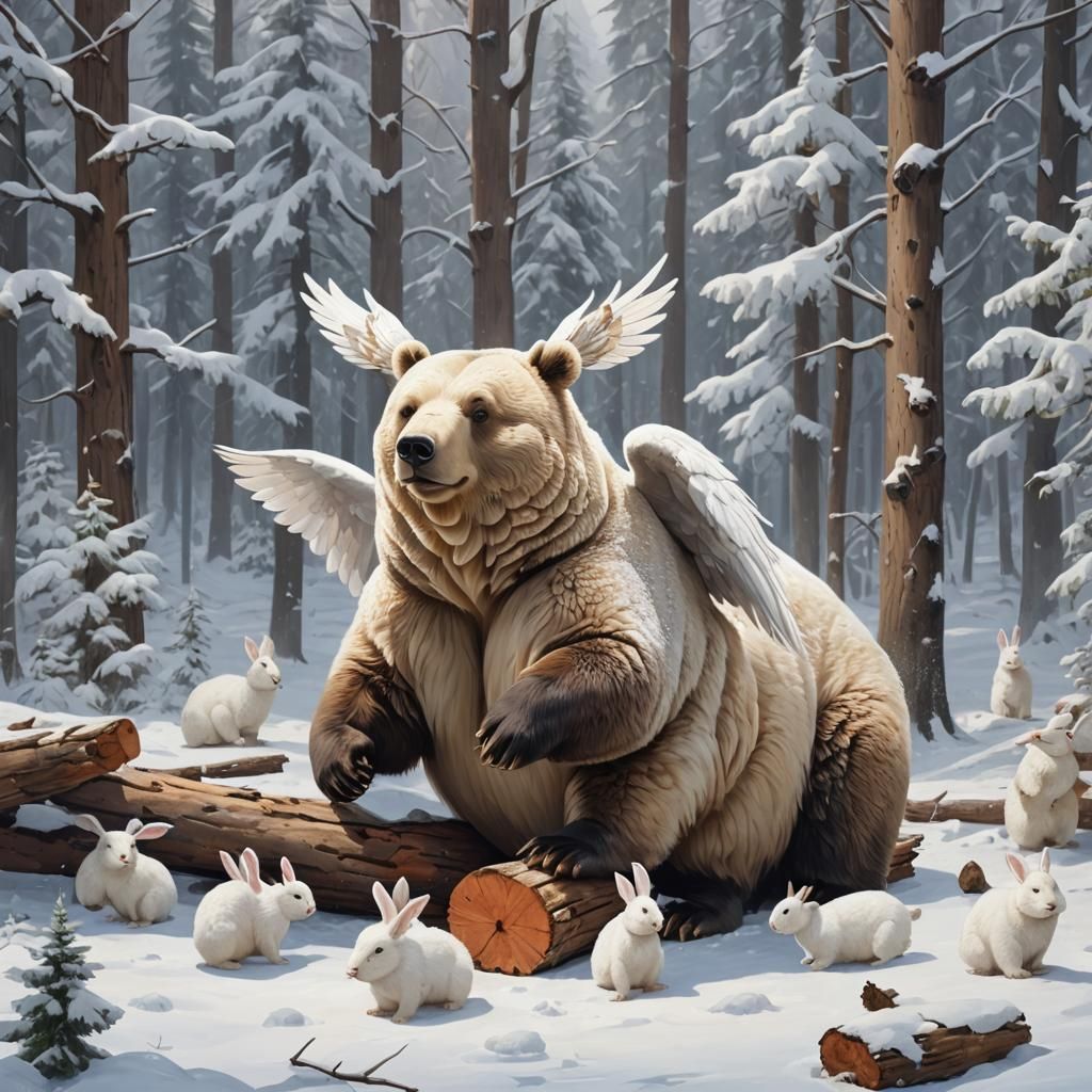 Winged Polar Bear in Snowy Landscape