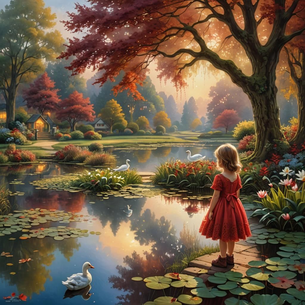 Autumn Oak Reflection with Girl and Ducks