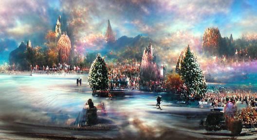 Glittery Christmas Tree and Frozen Lake, Kinkade Style