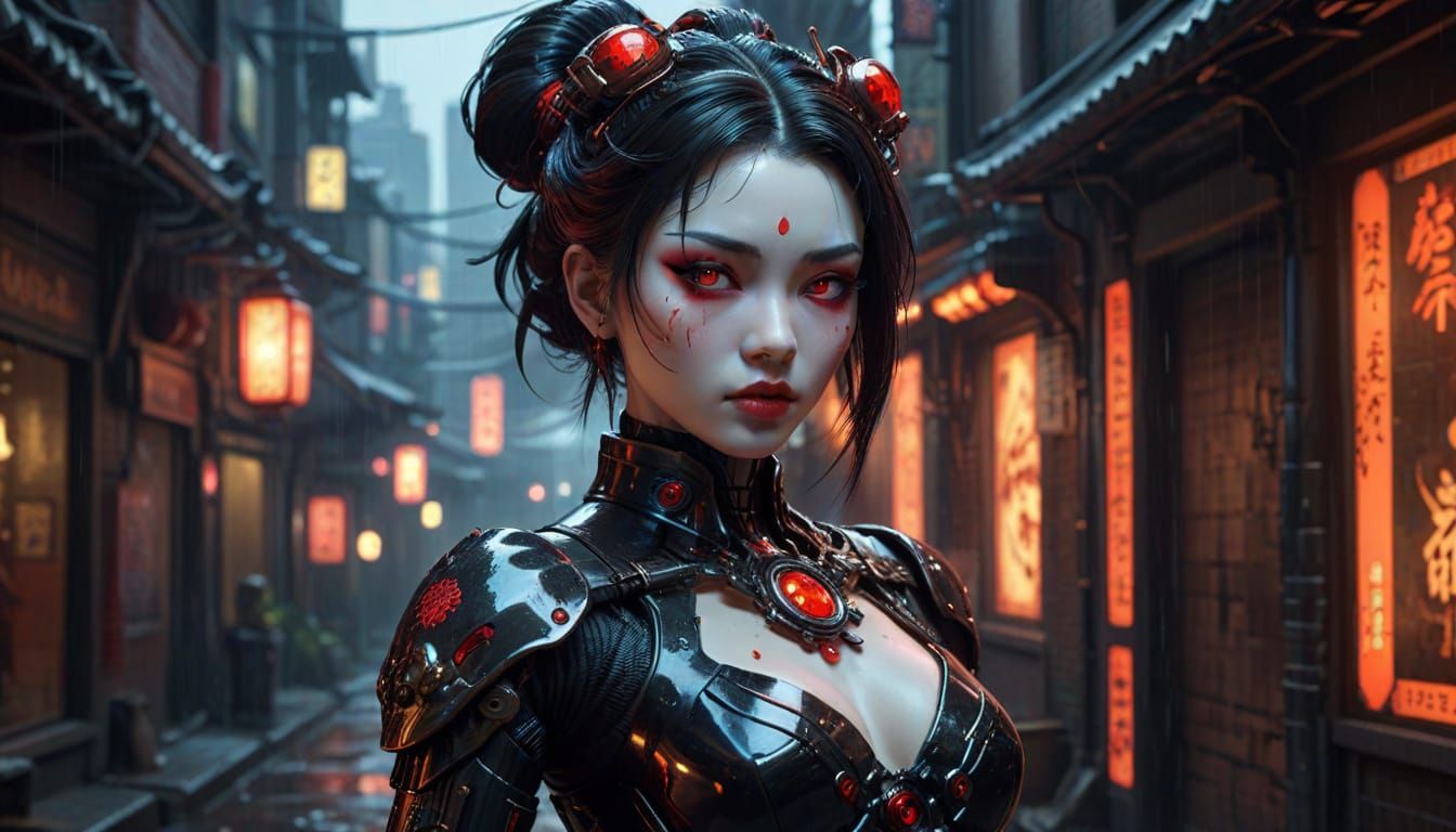Gothic Gynoid in Cyberpunk Alley