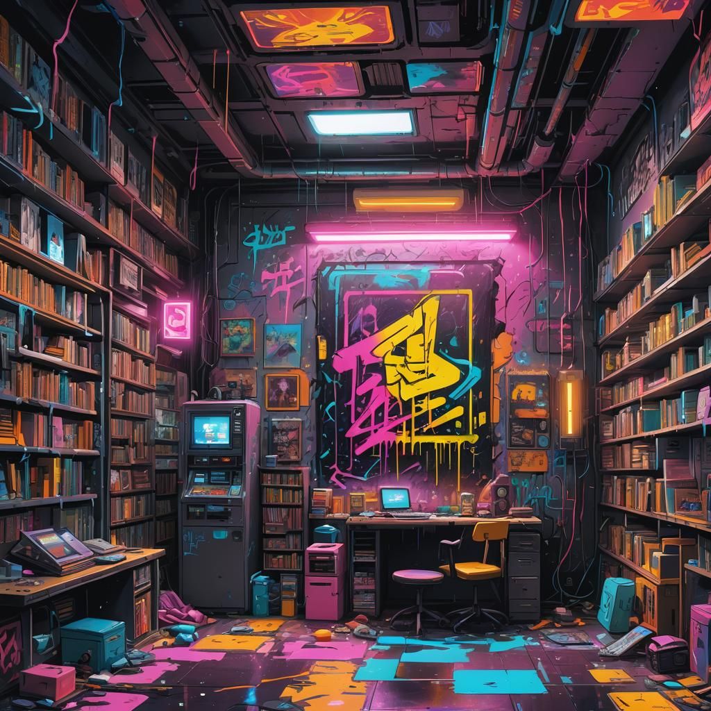 Futuristic Library Graffiti Art in Cyberpunk Style