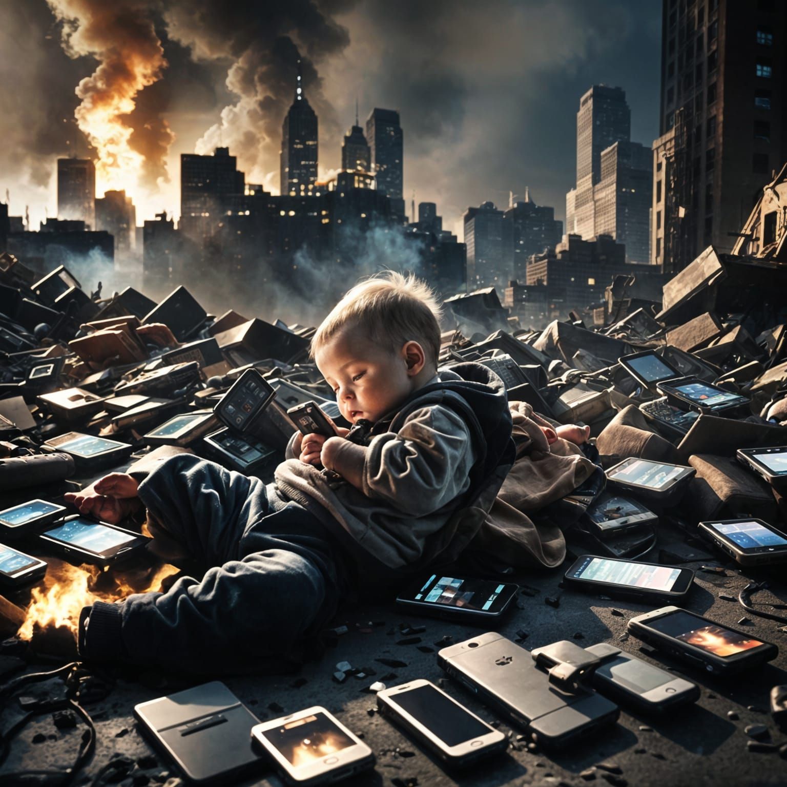 Realistic Newborn Baby on Technology Pile Apocalypse
