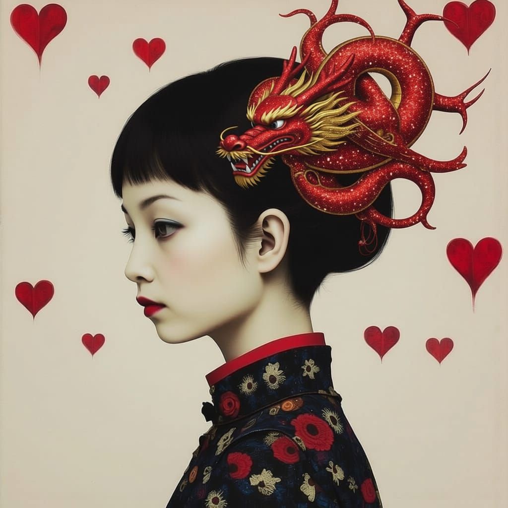 Striking Japanese Dragon Hair Ornament with Collage Elements