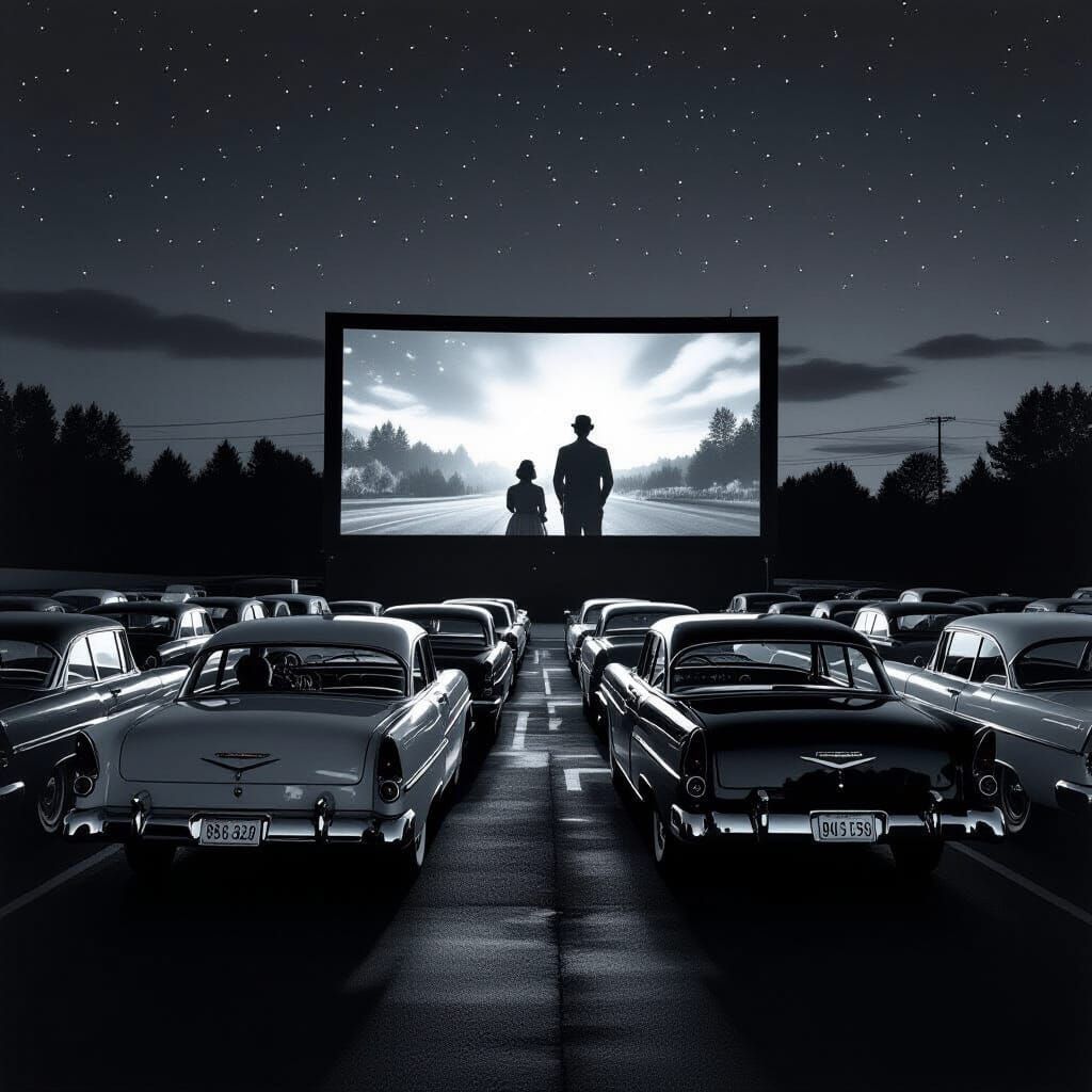 Nostalgic 1945 Drive-In Cinema at Night