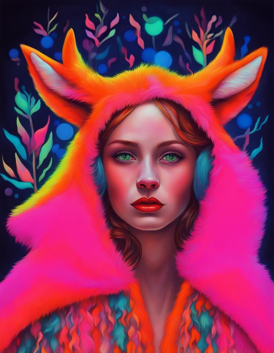 Neon Fox-Faced Girl with Horns Portrait