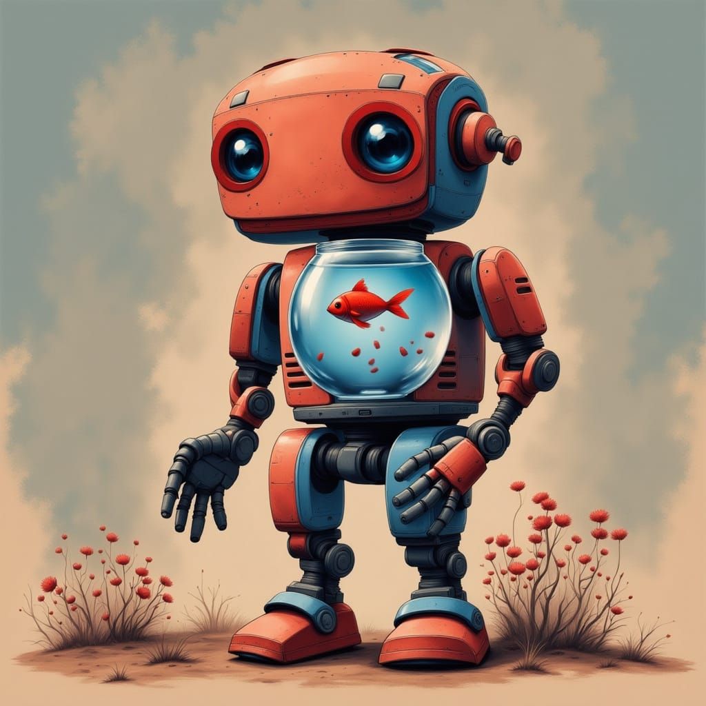 Cute Robot Holding Fishbowl Illustration