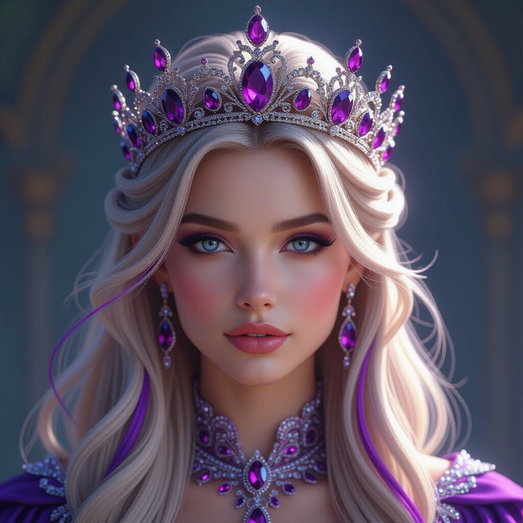 Woman with Glass and Amethyst Crown in Fantasy Art Style