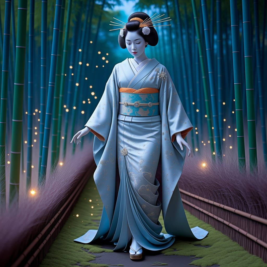 Geisha in Enchanted Bamboo Forest, Art Nouveau Style