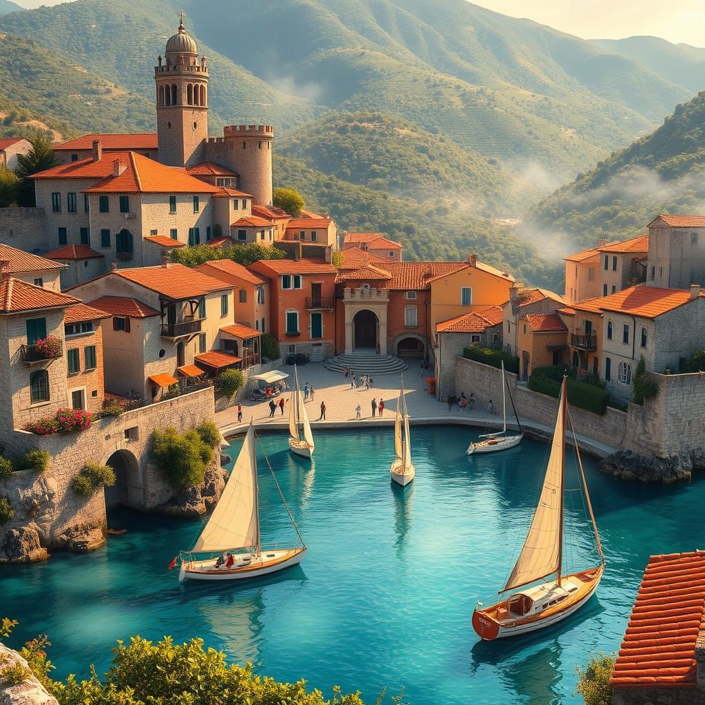 Medieval Island Townscape in Vibrant Colors