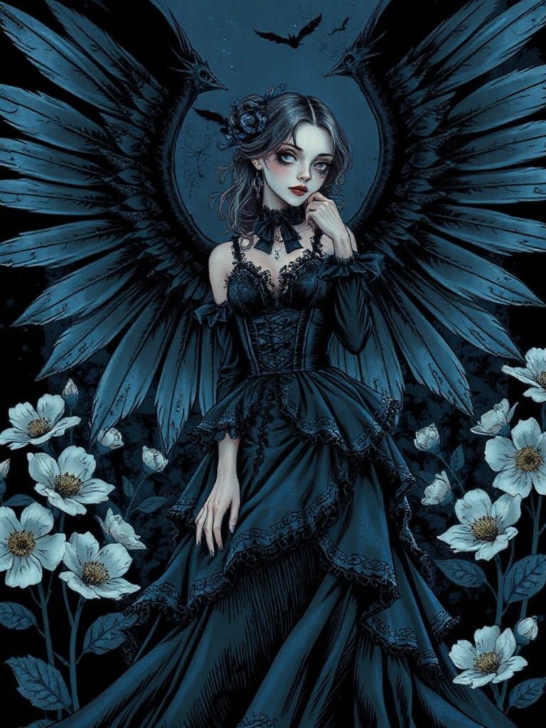 Winged Gothic Lady in a Dark Victorian Scene