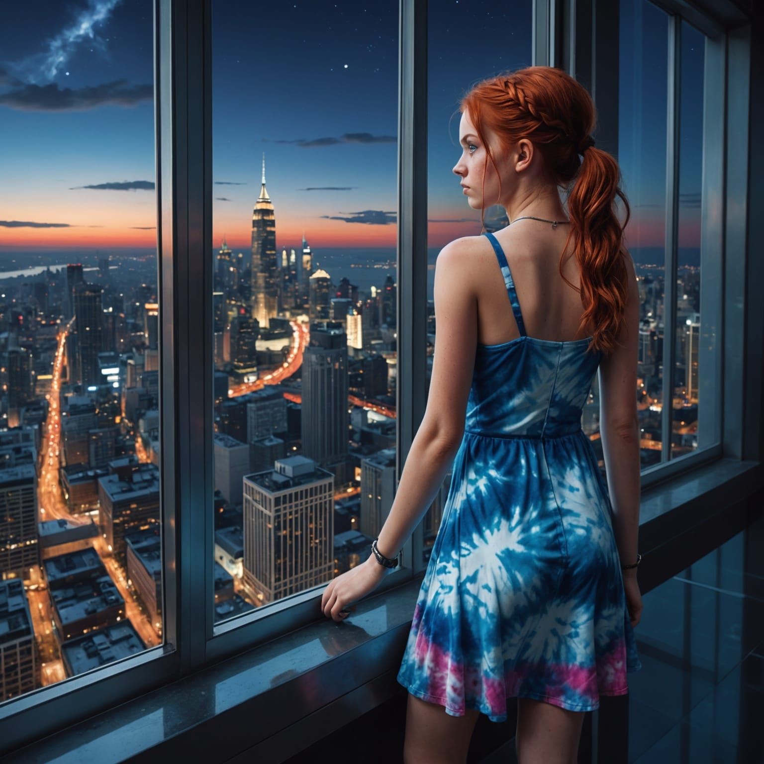 Lonely Girl in Skyscraper Gazing at City Lights