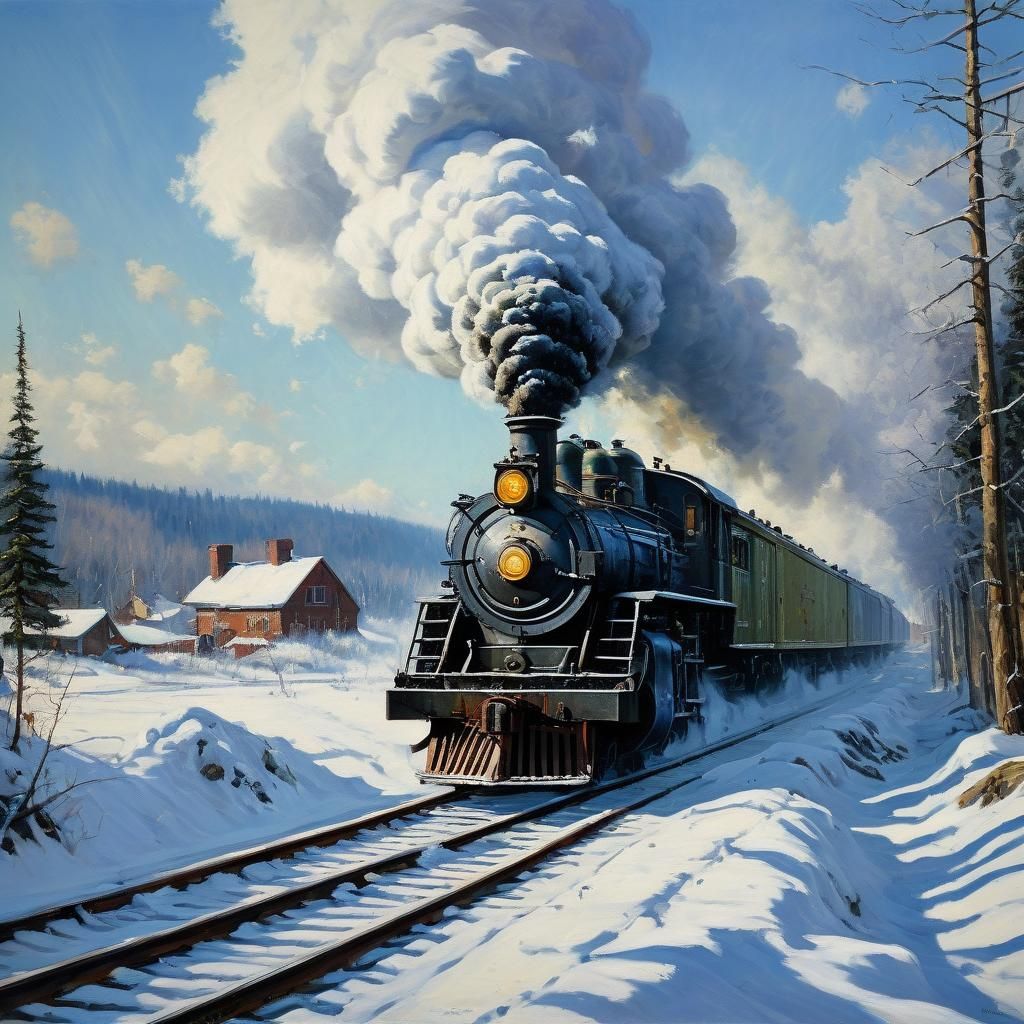 Steam Train Snowplow in Canada, Oil Painting