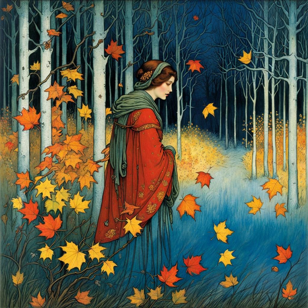 Autumn Leaves Fall in First Frost, Illustrative Style