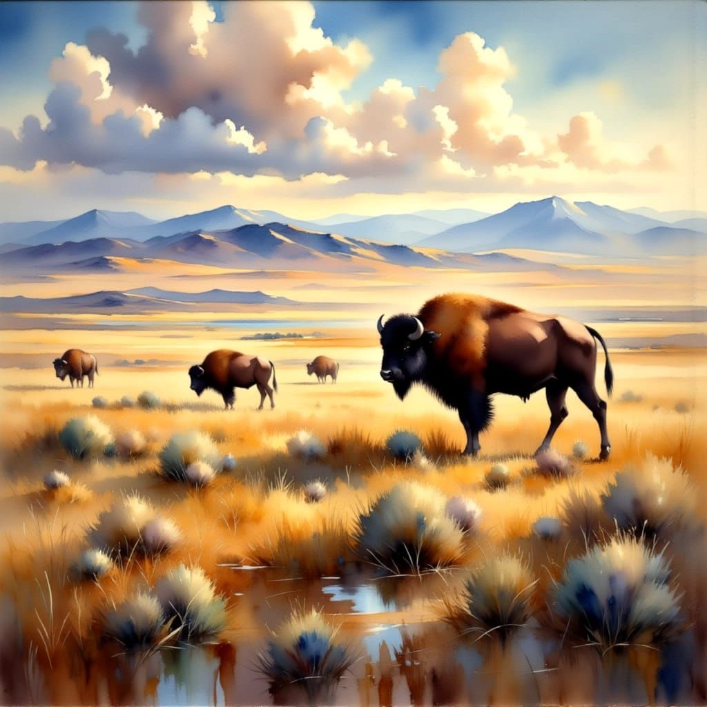 Buffalo on Wyoming Plain Oil Painting with Heavy Impasto