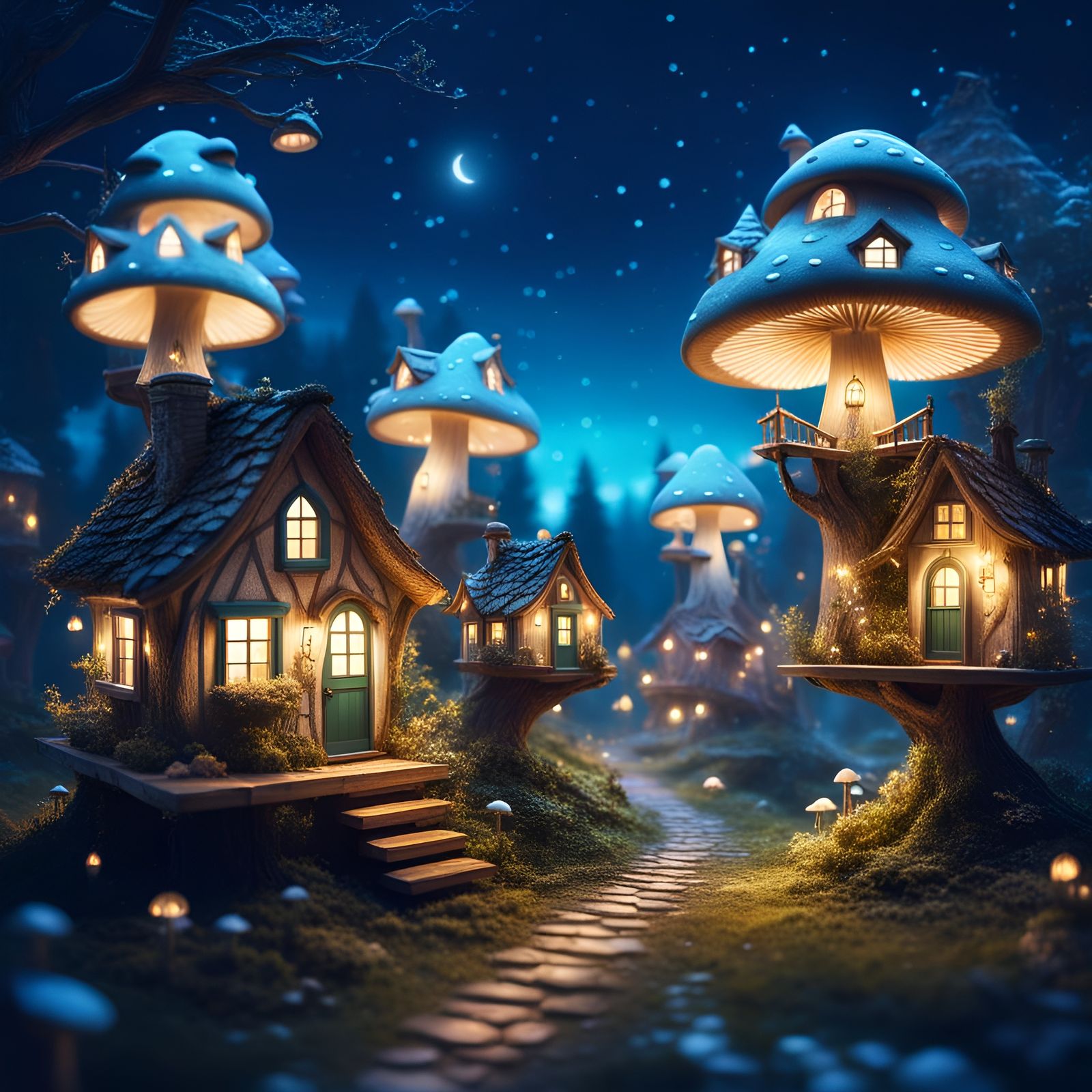 Fairies in Dreamcore Mushroom Village at Night