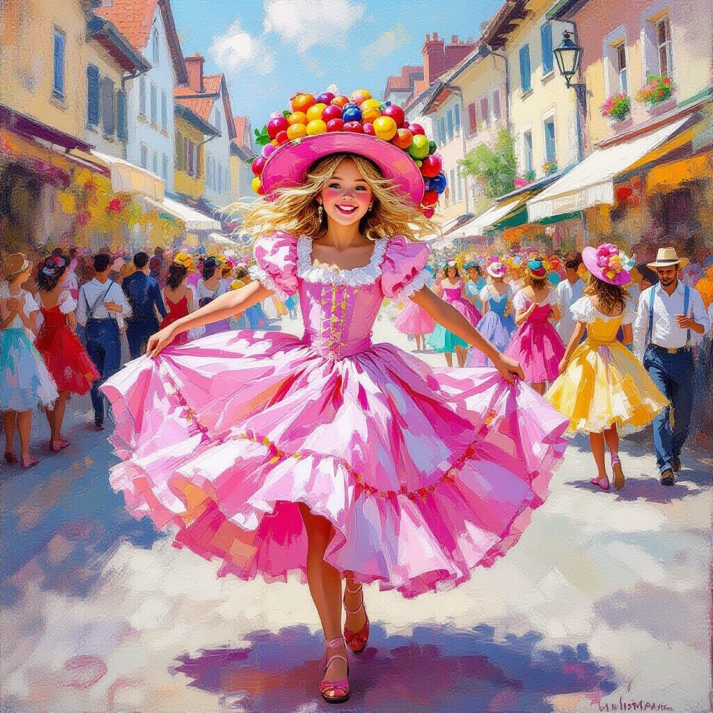 Joyful Girl in Fruit Hat Dances at Festival