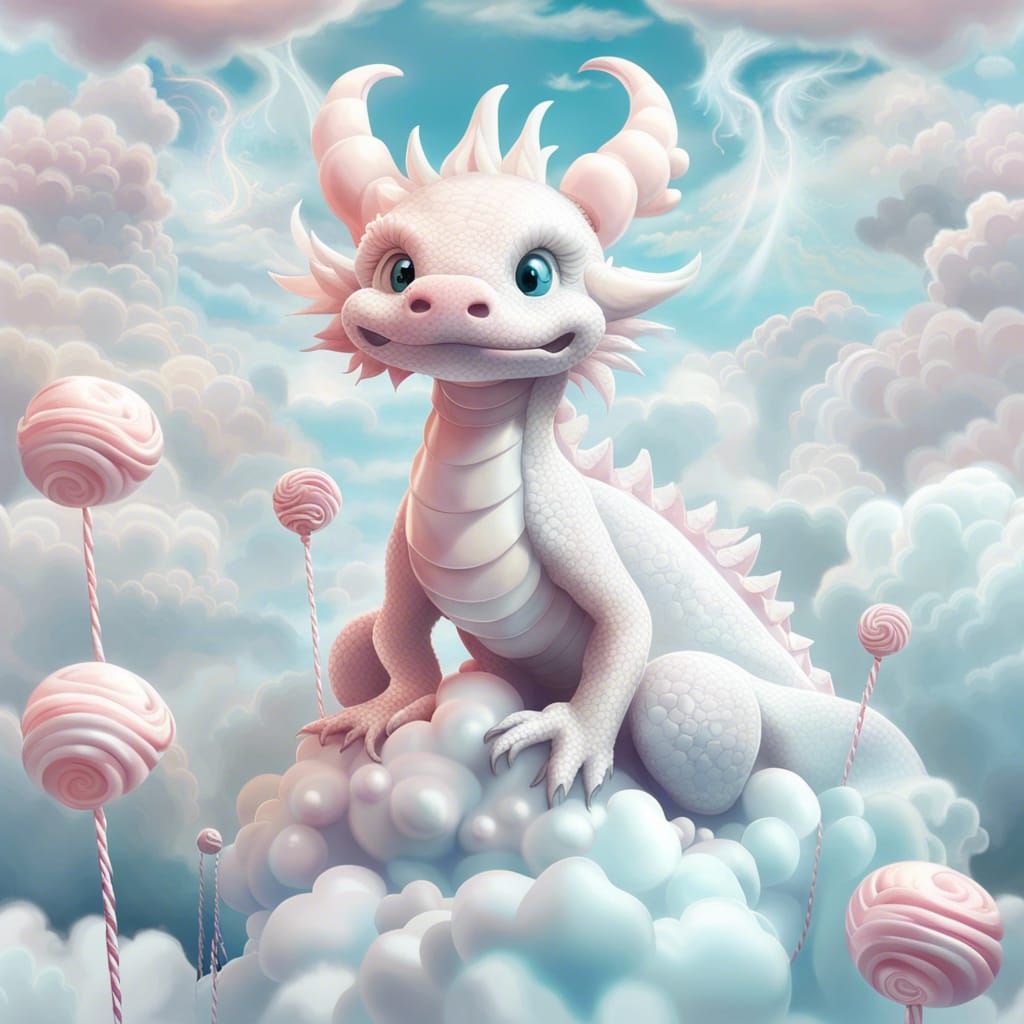 Candy Dragon Emerging from Ethereal Clouds