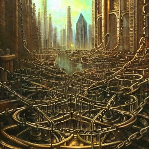 Fantasy Underground City of Chains as Oil Painting