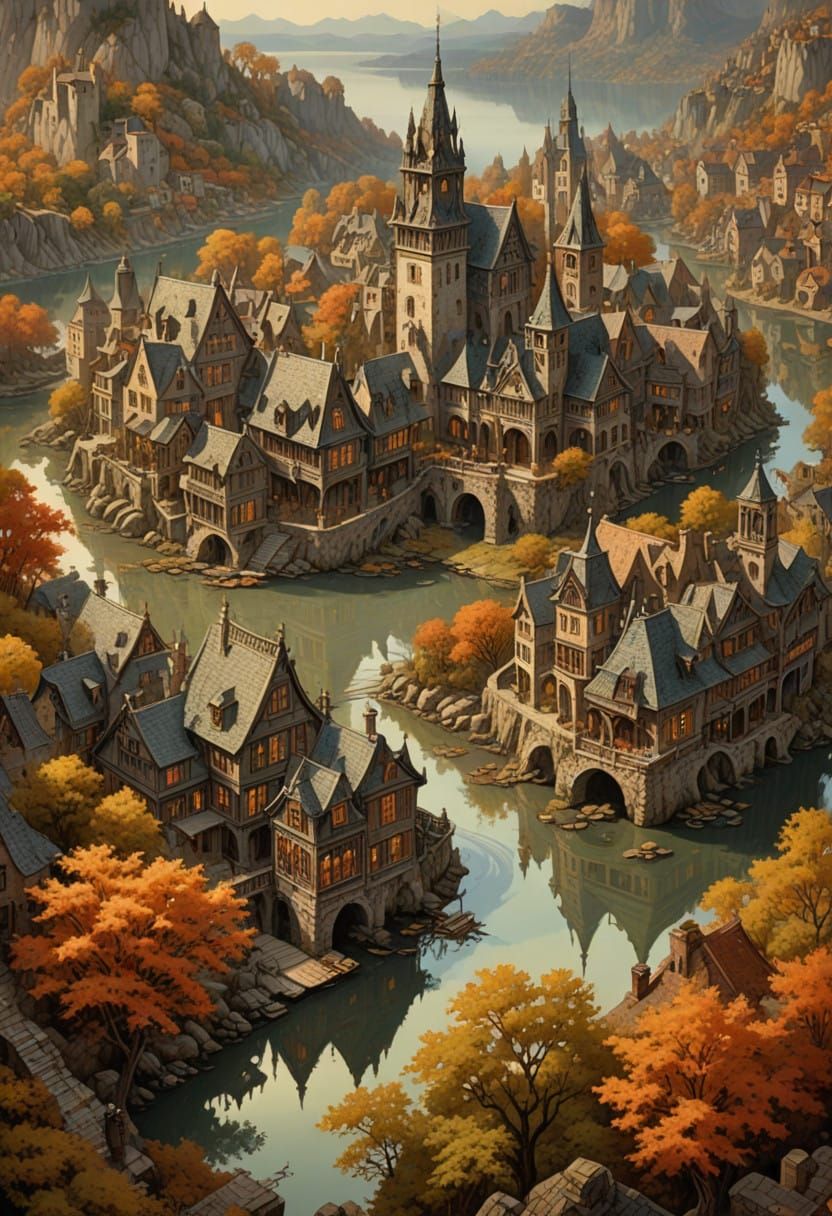 Whimsical Town Beside a Pristine Lake in Vibrant Colors