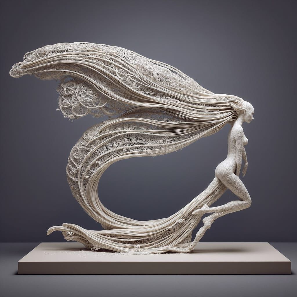 Ethereal Figure in Futuristic Cape: Dreamlike Sculpture