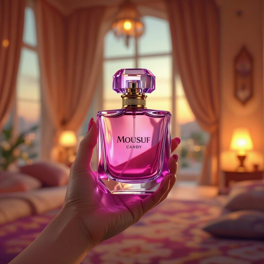 Luminous Purple Mousuf Candy Perfume in Exotic Bedroom