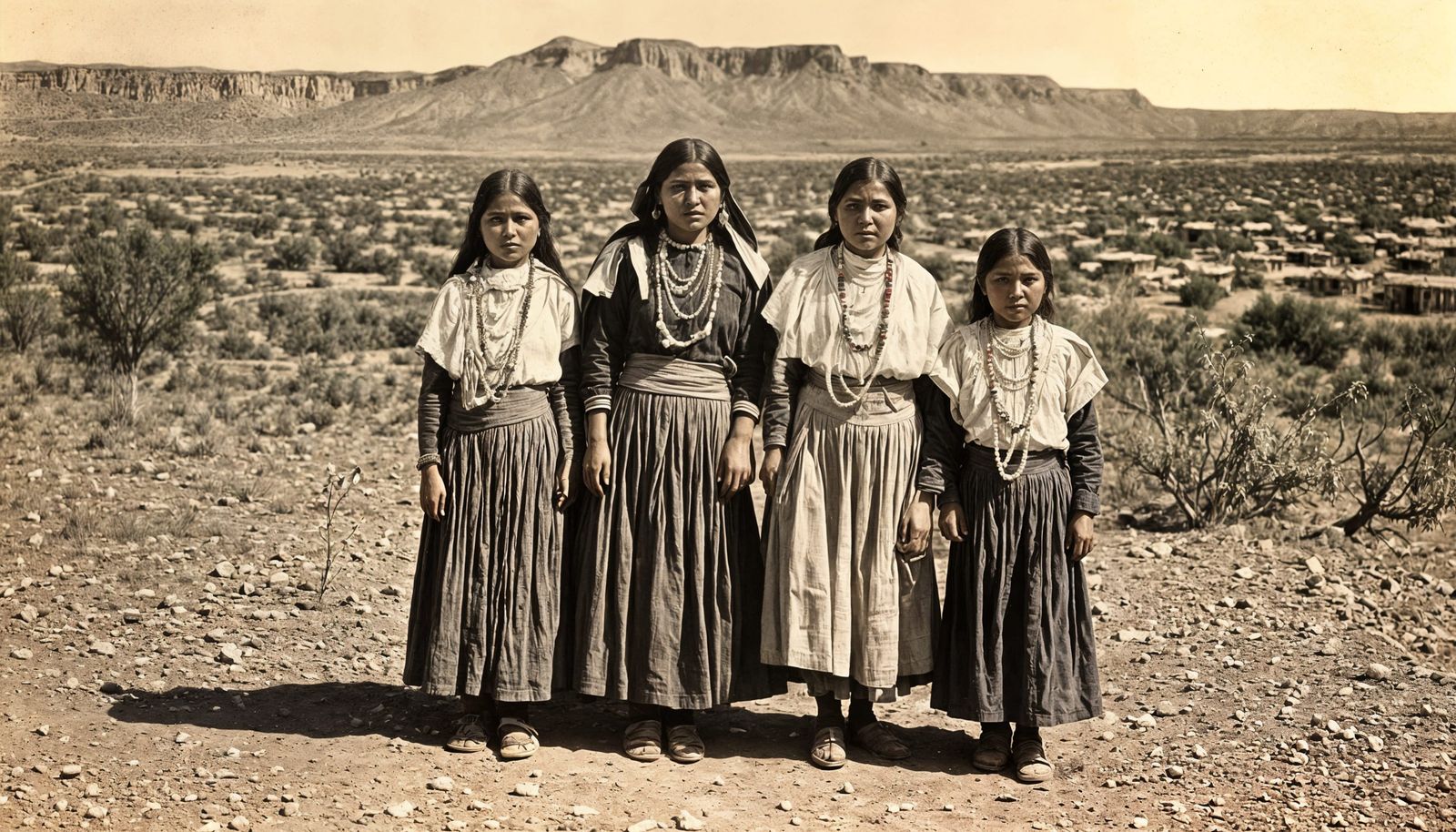 Romalda Jojola With Daughters, Isleta Pueblo, Technicolor
