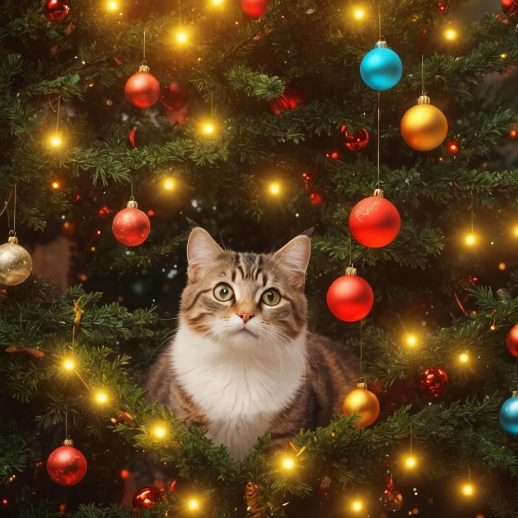 Cute Cat in Christmas Tree: Digital Art