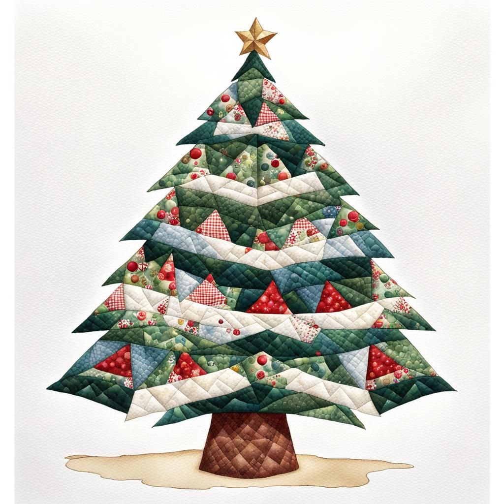 Quilted Patchwork Christmas Tree Watercolor Illustration