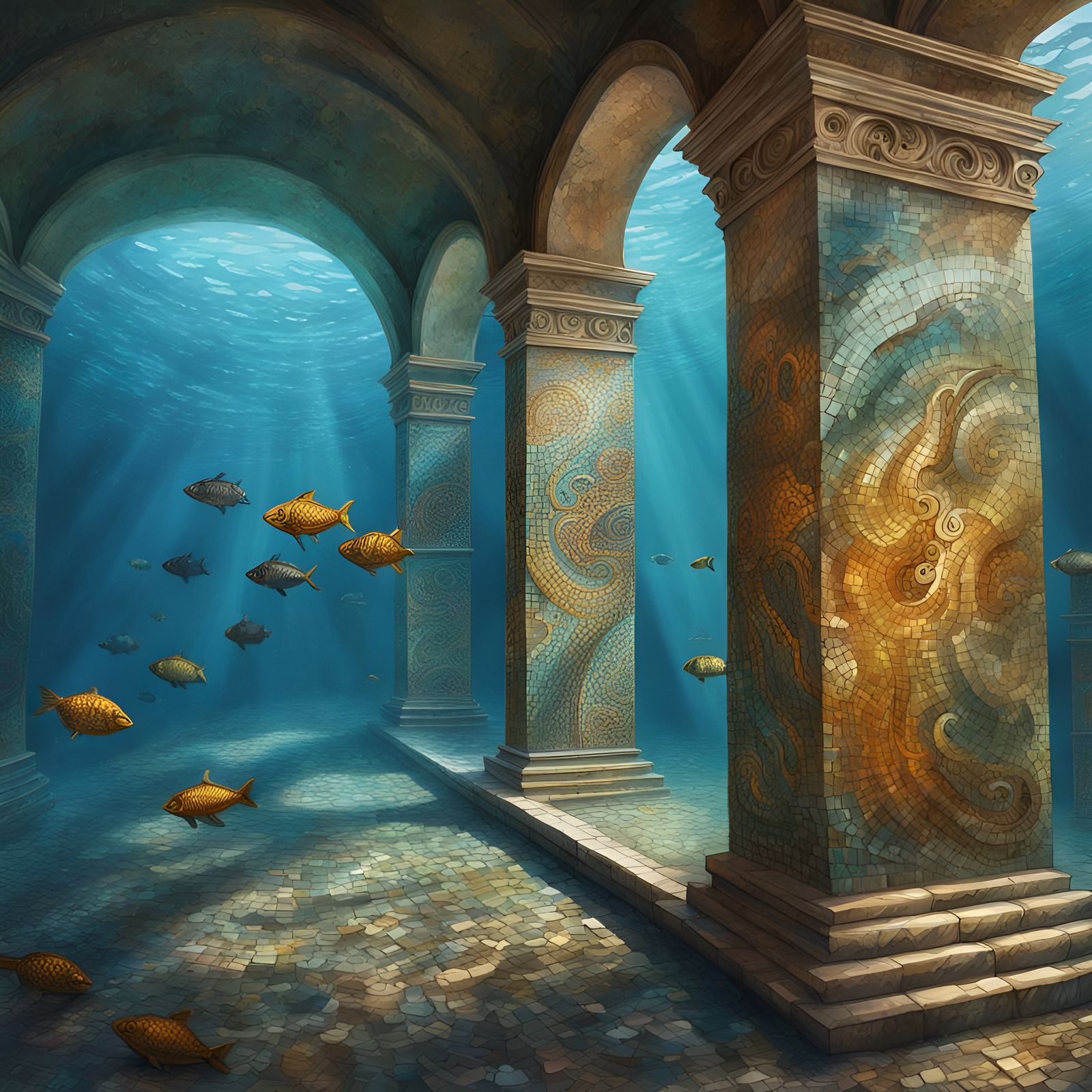 Underwater Roman Ruin Mosaics in Hyperrealistic Splash Art