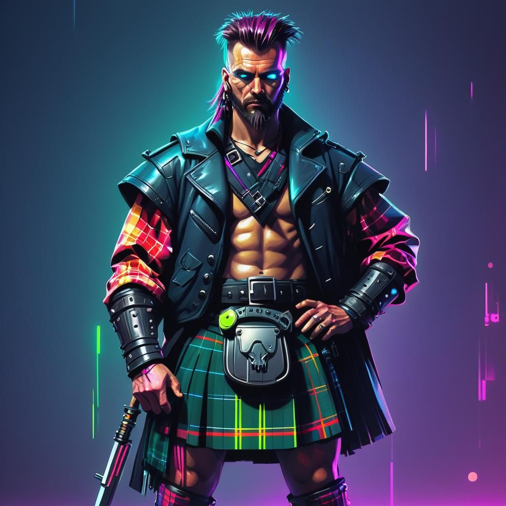 Cyberpunk Scotsman in Neon Kilt