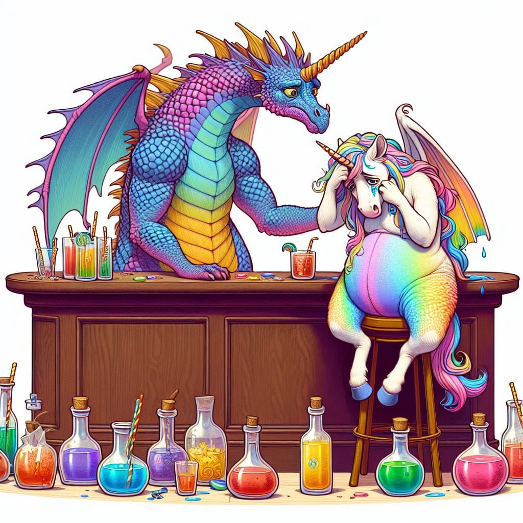 Sobbing Unicorn Comforted by Dragon in Art Nouveau Style