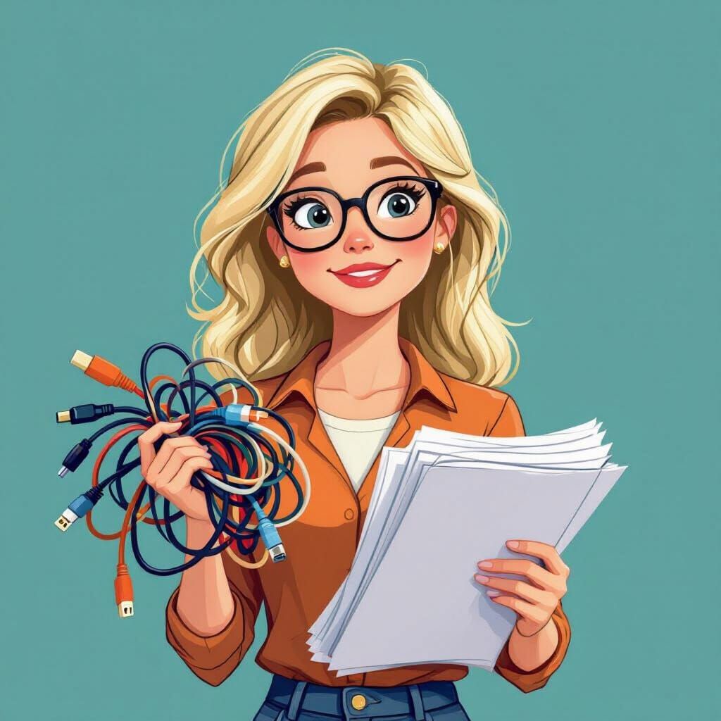 Woman with Cables and Paper in Cheerful Cartoon Style