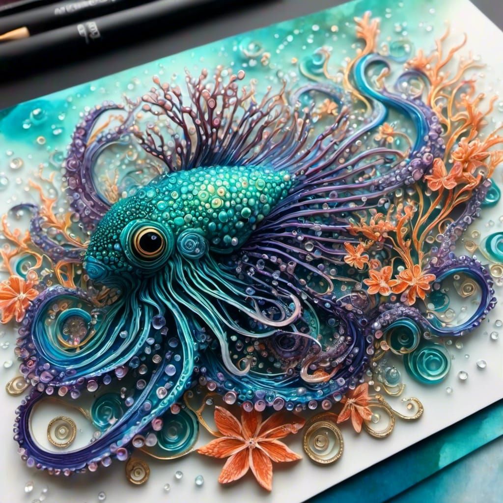 Bioluminescent Deep-Sea Squids in 3D Splash Art