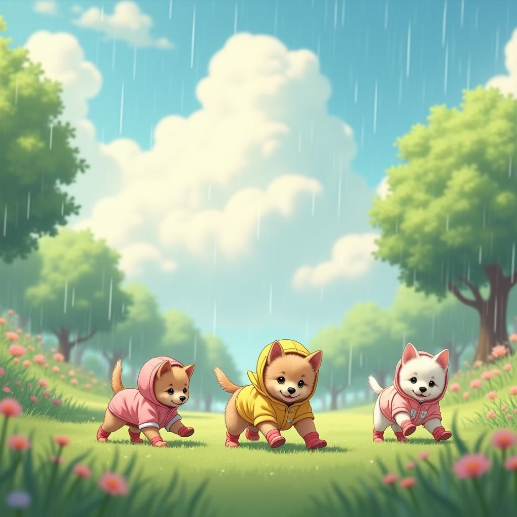Puppies and Kittens Play in Dreamy Anime Rainscape
