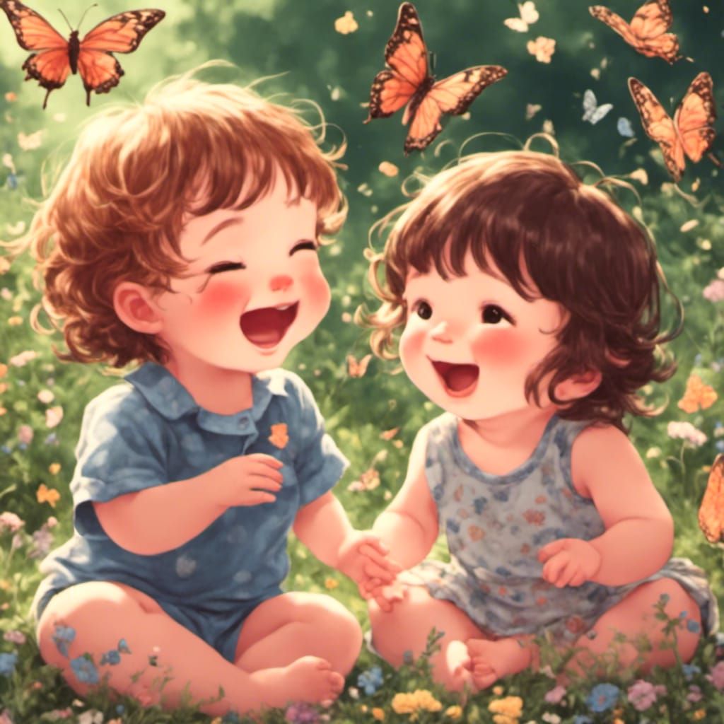 Toddlers Laughing at Butterflies in Anime Style