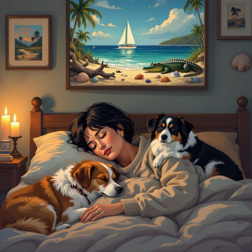 Woman Sleeping Peacefully with Dogs, Serene Beach Artwork