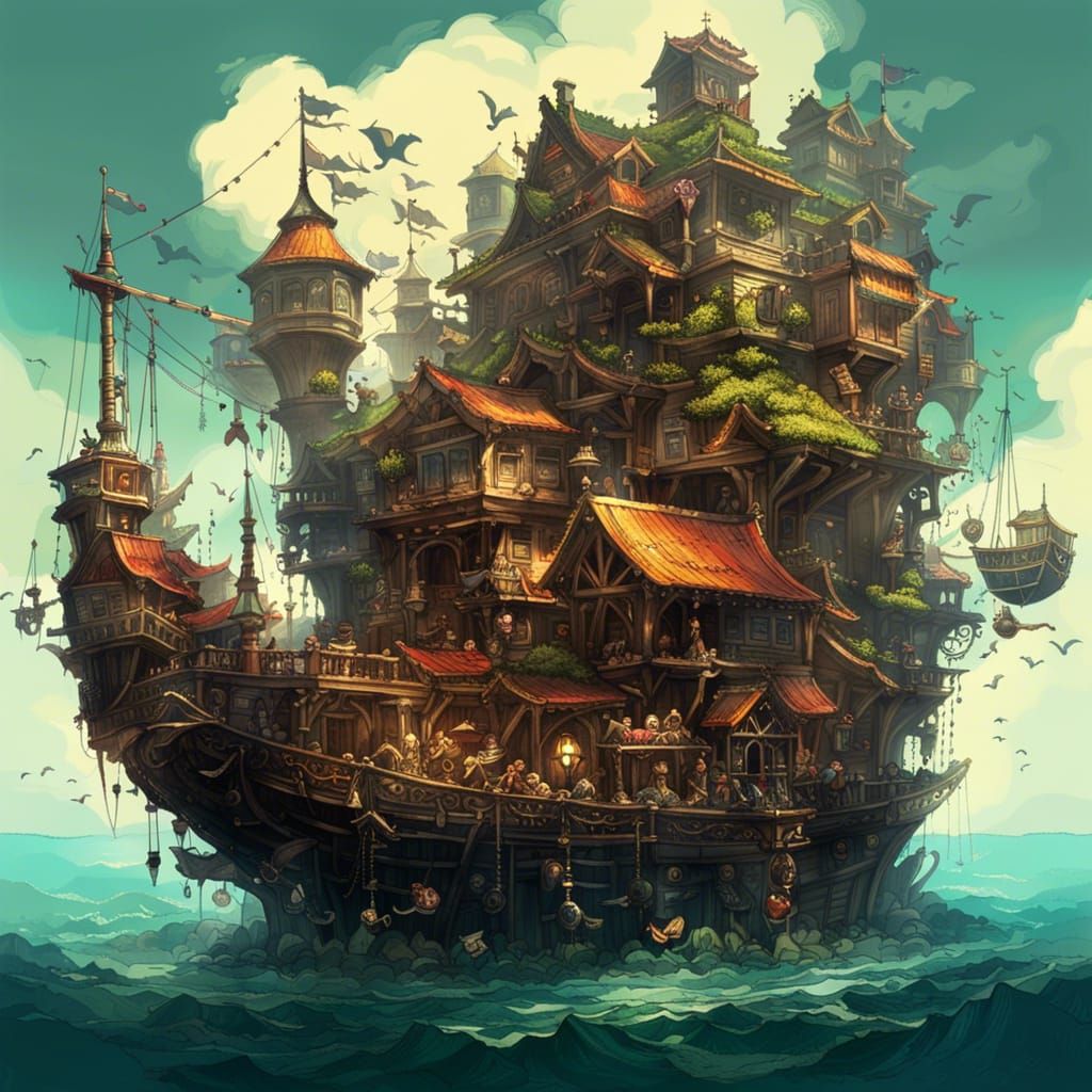 Fantastical Pirate City Floating on Ship