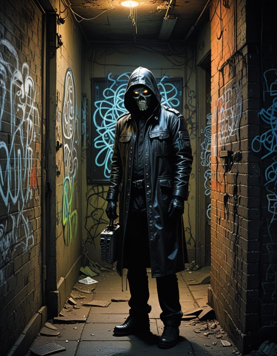 Mysterious Figure with Glowing Artifact in Graffiti Alleyway