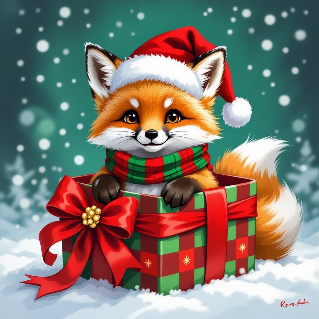Festive Fox in Gift Box, Painterly Christmas Illustration