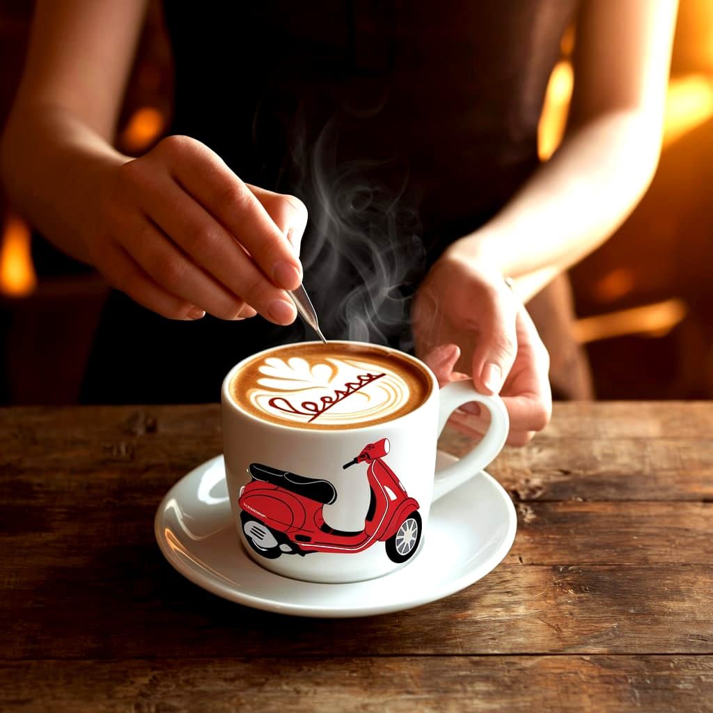 Barista Creates Vespa Latte Art in Cozy Cafe
