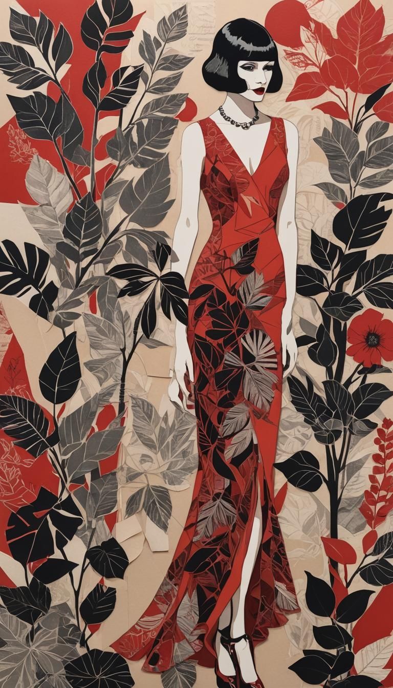 Flapper in Red Gown Collage Fashion Illustration