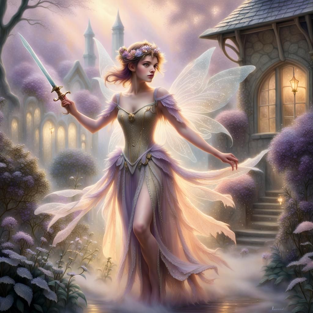 Sword-Wielding Fairy in Misty, Golden Light