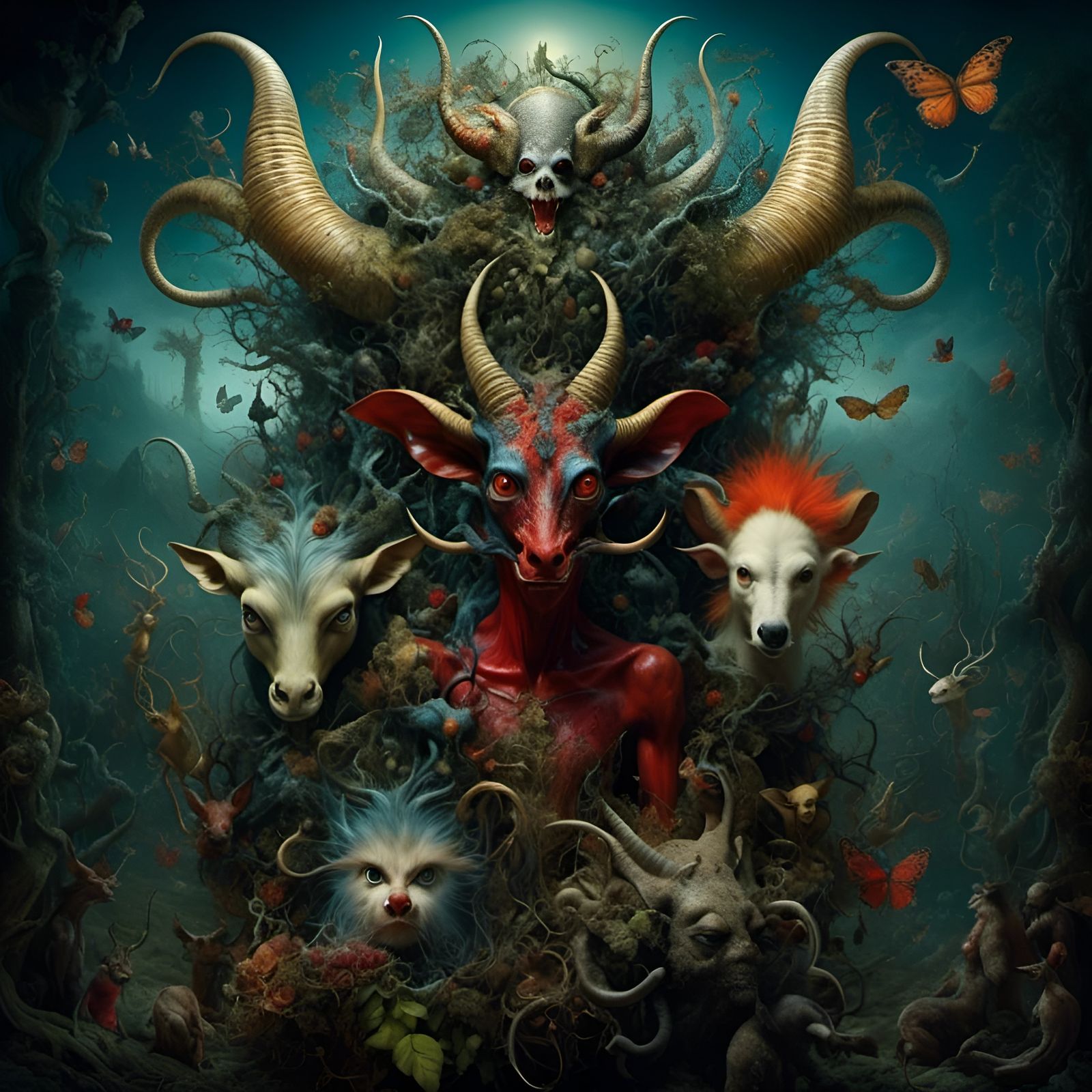 Psychedelic Fantasy Creature Merging in Burtonesque Style