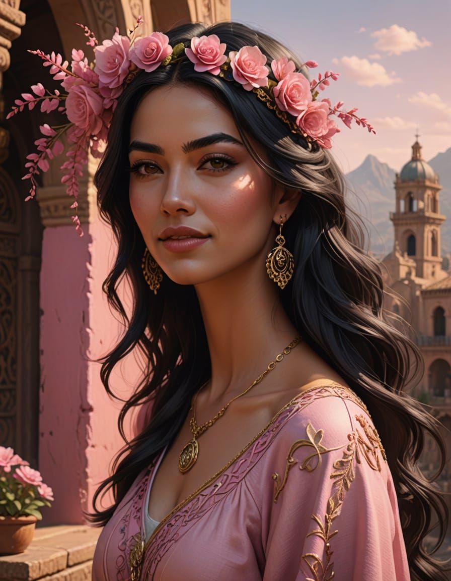 Beautiful Mexican Woman Posing in Pink, Digital Matte Painti...