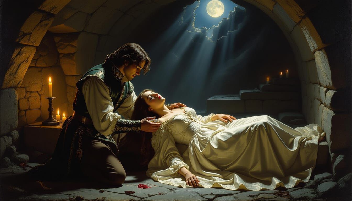 Romeo and Juliet's Tragic End in Capulet Tomb Oil Painting