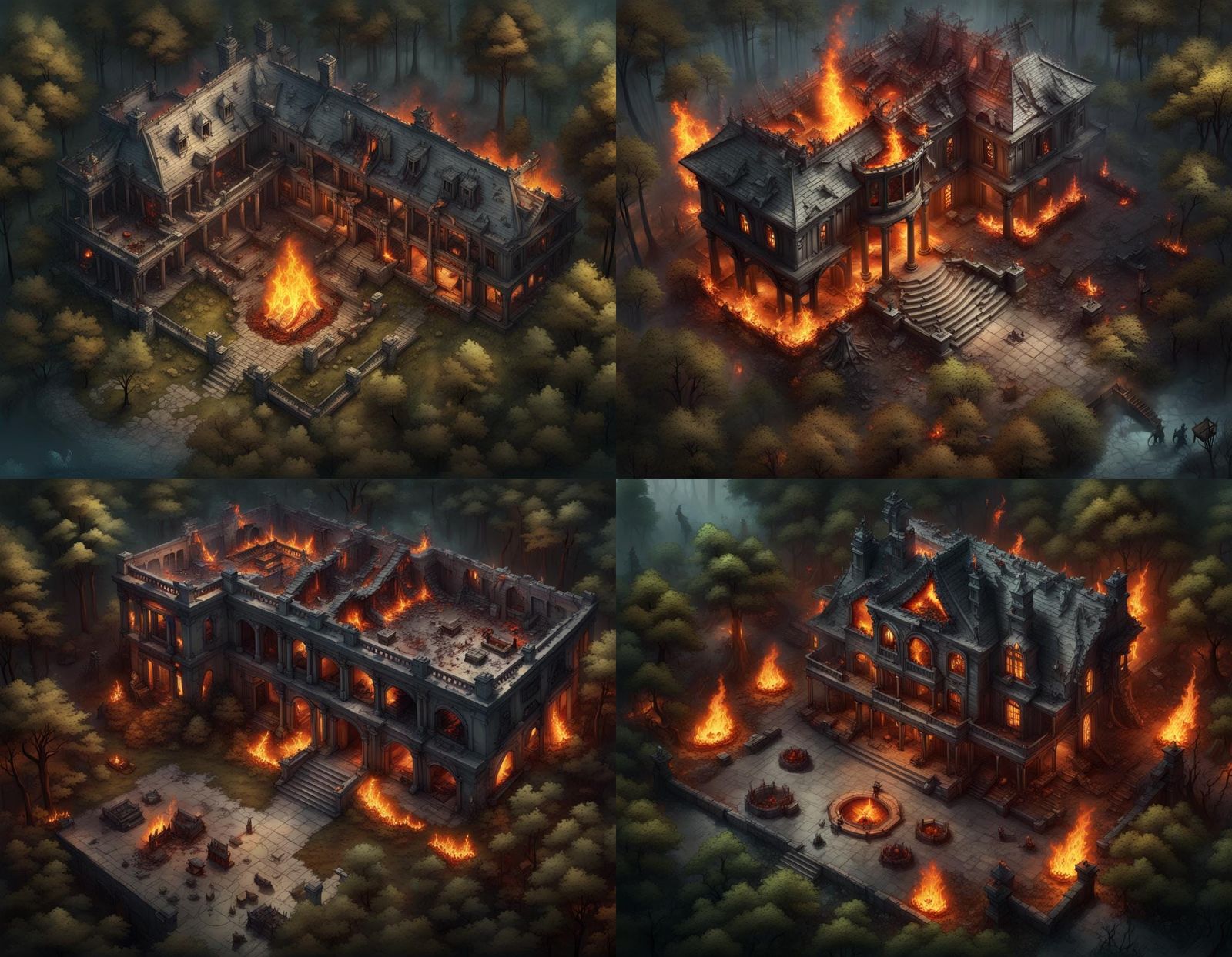 Burning Mansion Battlemap with Demon Corpses, Top-Down View