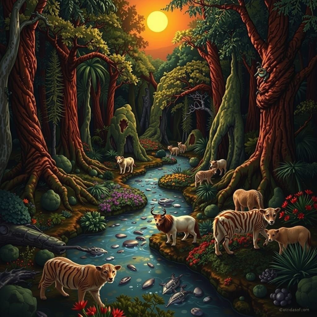 Vibrant Landscape Illustration with Diverse Wildlife