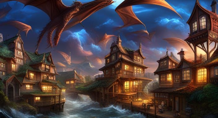 Fantasy World with Dragons and Mystical Cottages