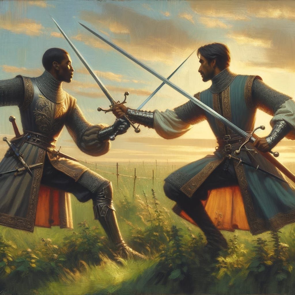 Warriors Swordplay in Medieval Field as Oil Painting