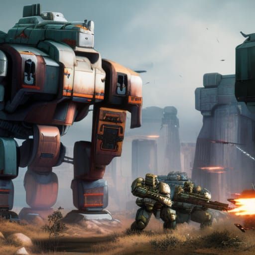 Epic Mecha Battle in Rain-soaked Cityscape